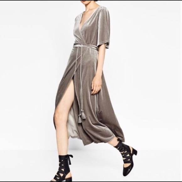 grey velvet wrap dress